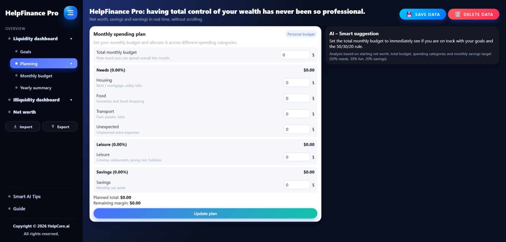 HelpFinance Pro - Pianificazione accanto a Confirm initial net worth