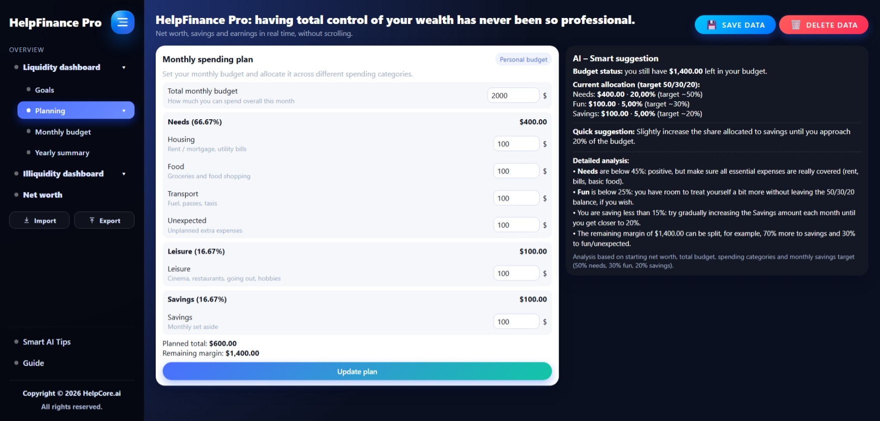 HelpFinance Pro - Margine residuo pianificazione