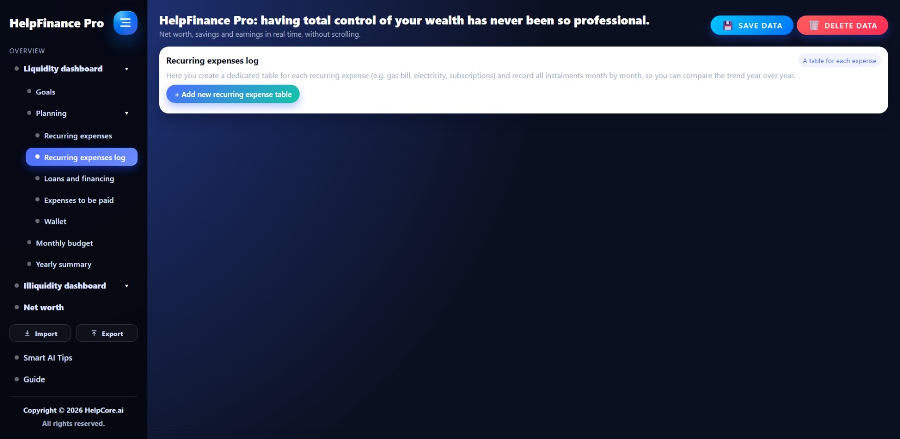 HelpFinance Pro - Registro spese ricorrenti