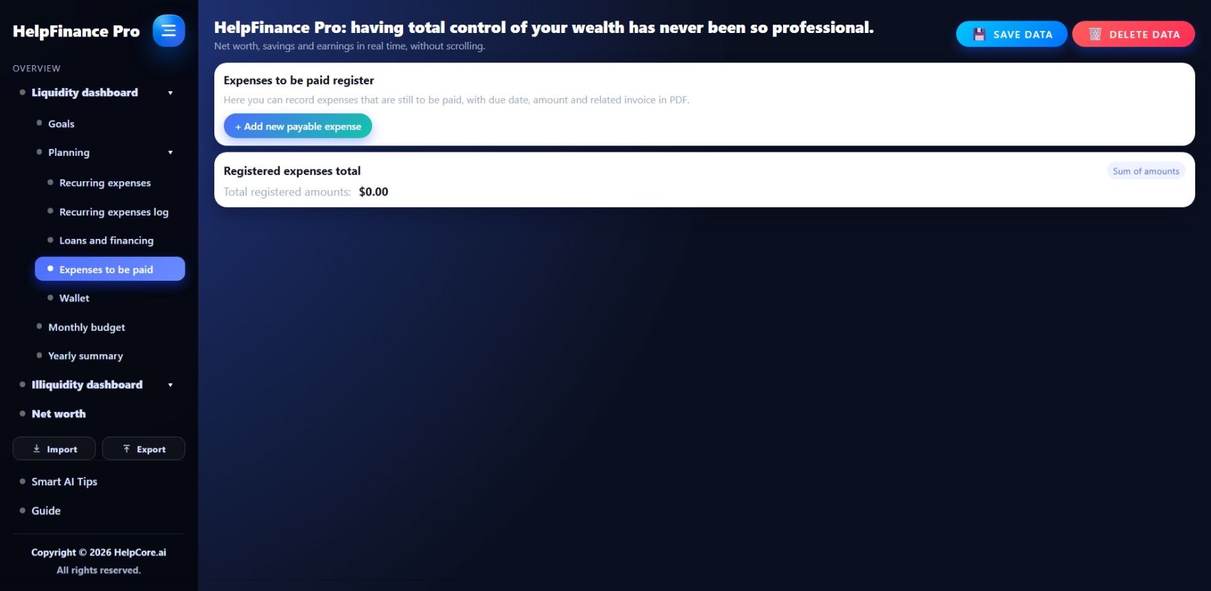 HelpFinance Pro - Registro spese da saldare