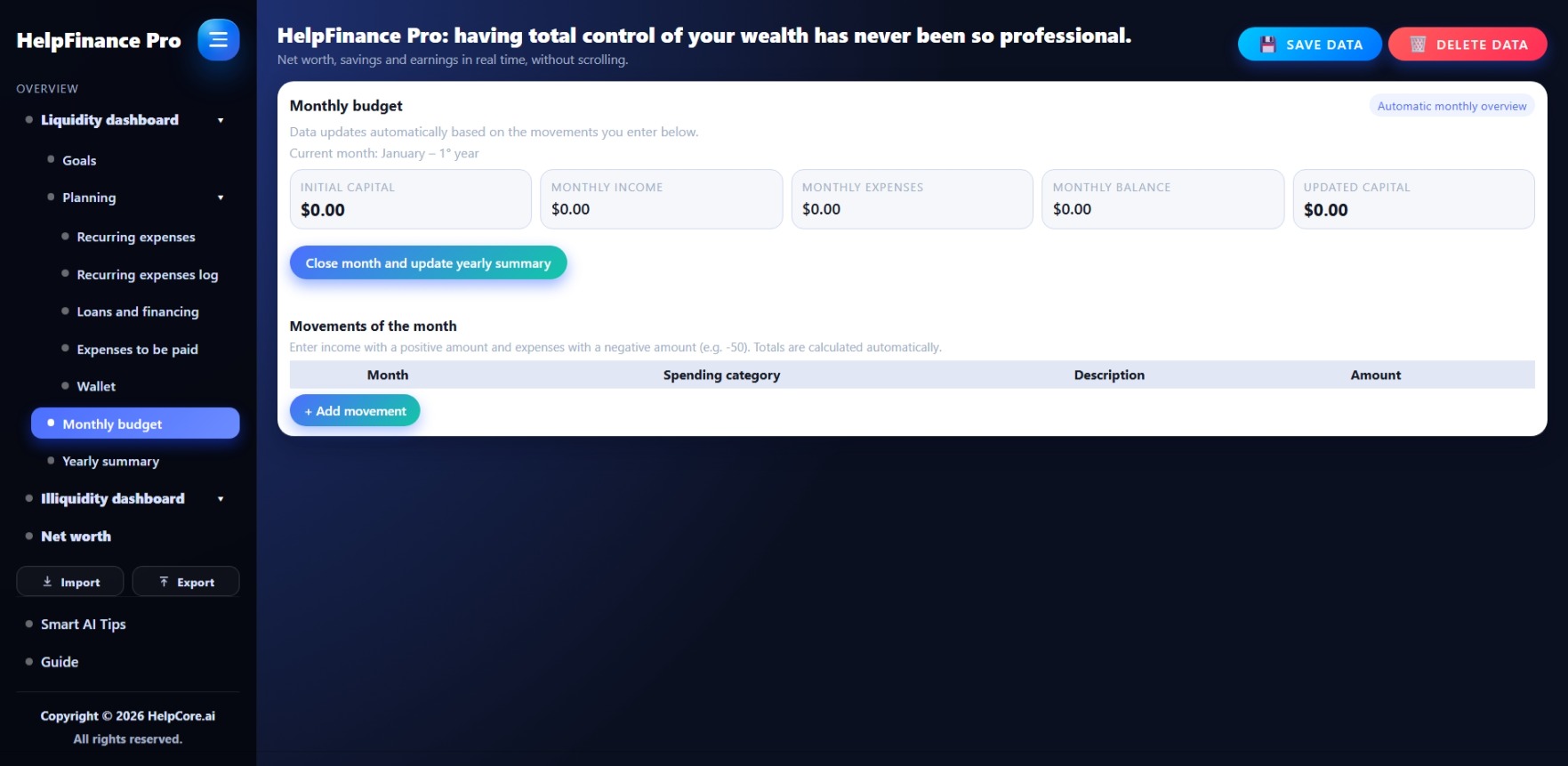HelpFinance Pro - Bilancio mensile